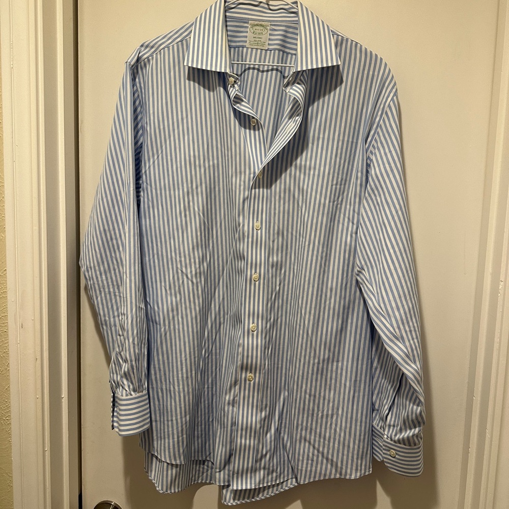 Brooks Brothers Milano Blue & White Stripe Long Sleeve Dress Shirt